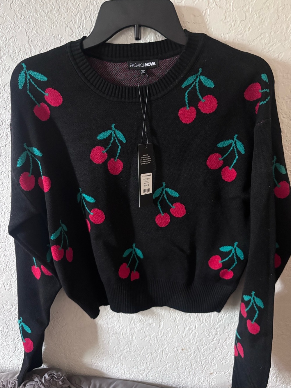 Fashion Nova Black Cherry-Print Crewneck Sweater